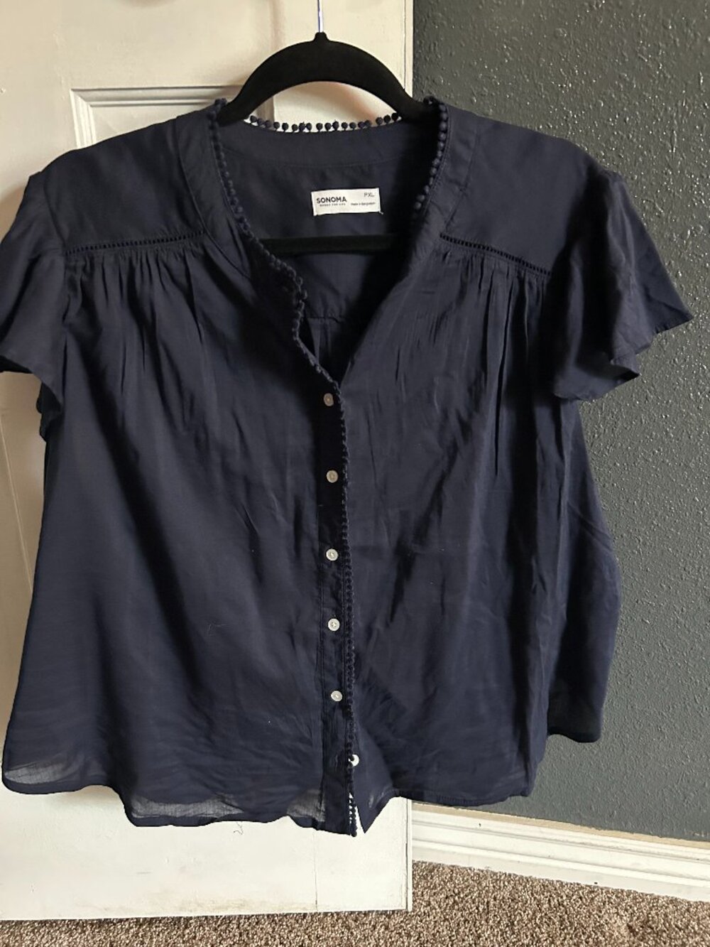 Sonoma Navy Flutter Sleeve Button Up Top Lightweight Size PXL